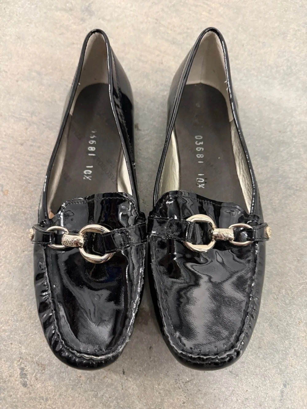 Anne Klein Black Patent Leather Loafers with Silver Hardware